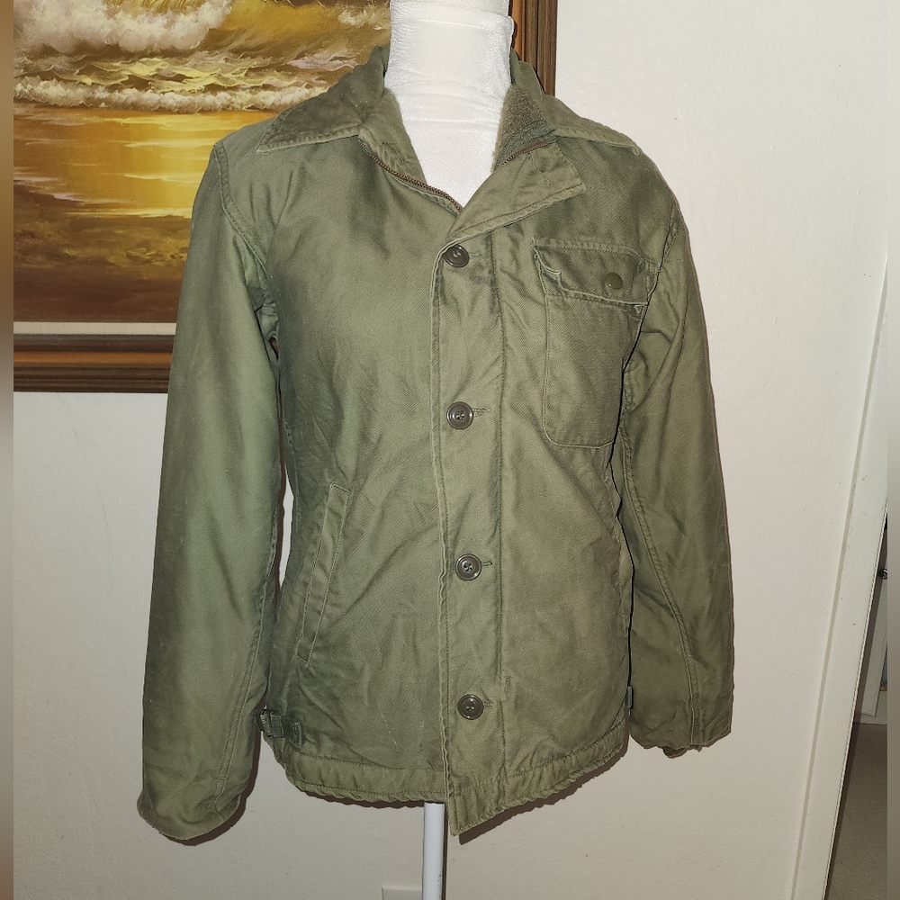 Vintage 1960s 1970s Army Green Lined Long-Sleeve Jacket Coat